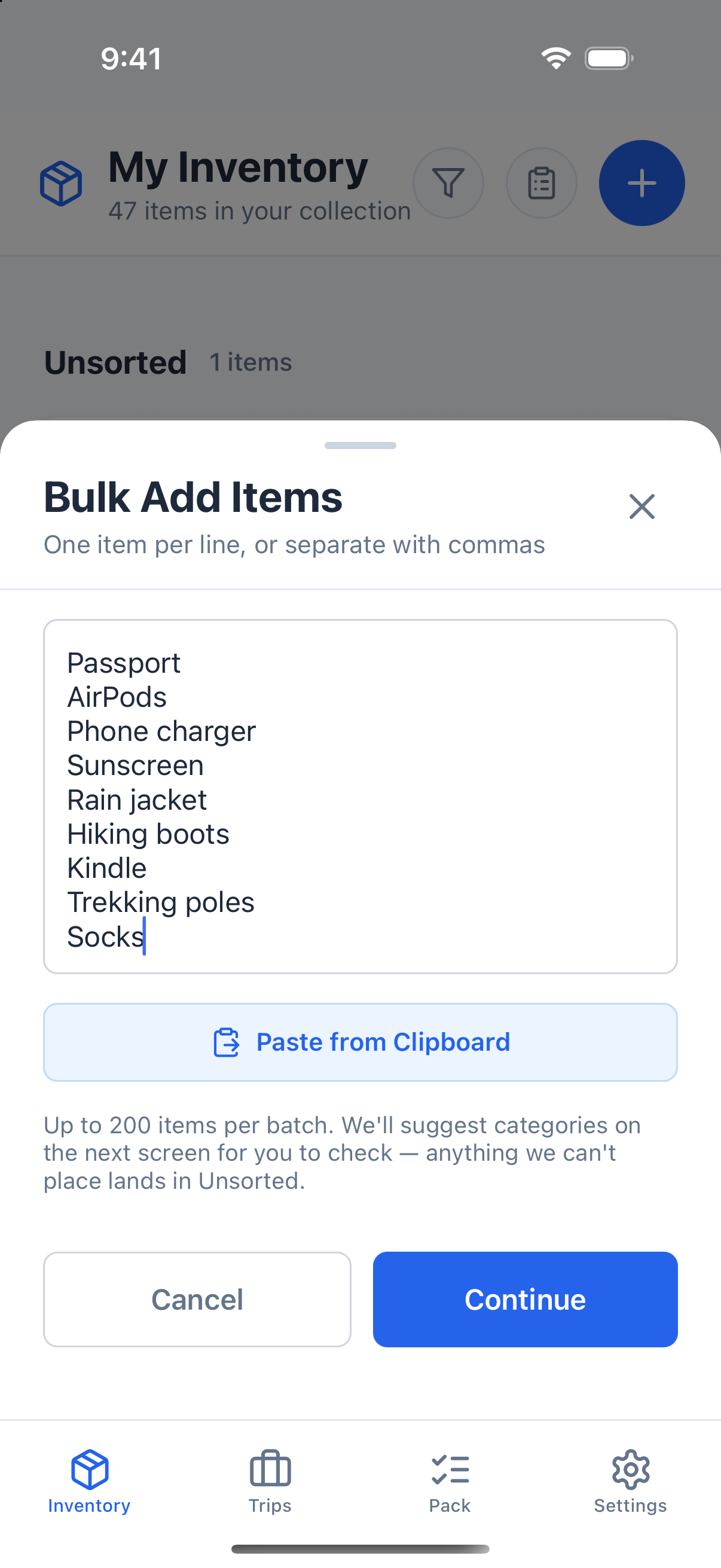 The Bulk Add Items sheet with a list of nine items typed one per line, a Paste from Clipboard button, and Cancel and Continue buttons.
