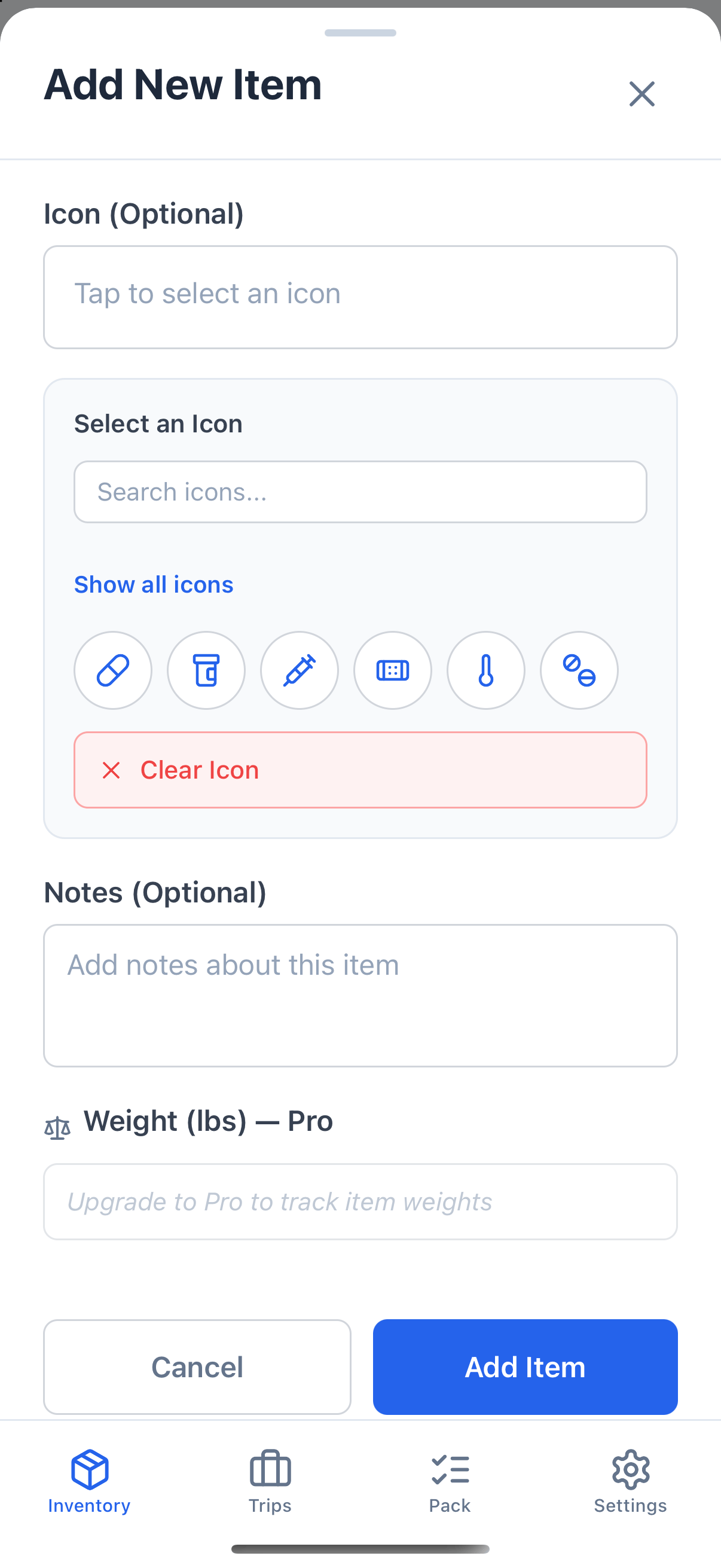 The icon picker for an item in the Medication category, showing a search bar, a Show all icons link and the six icons suggested for Medication.