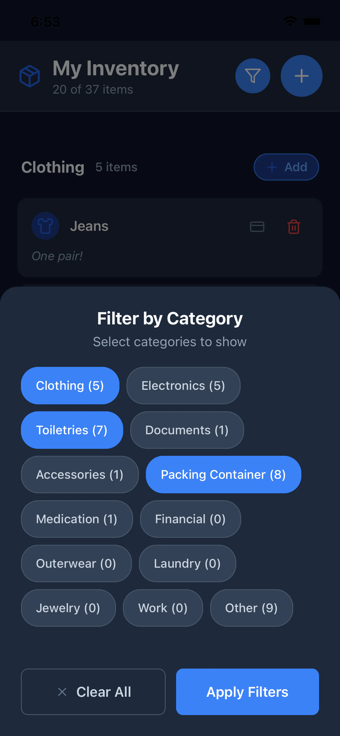 The Filter by Category modal with Clothing, Toiletries, and Packing Container selected. A count below shows how many items match the current filter.