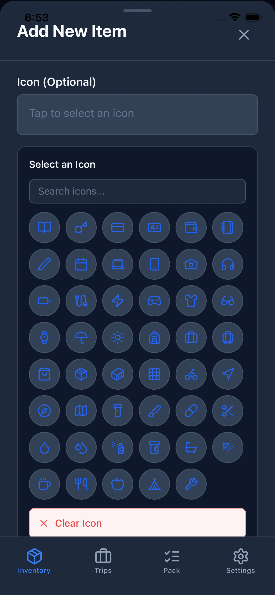 The icon picker showing a search bar at the top and a scrollable grid of icons below, organized into categories like Travel and Clothing.