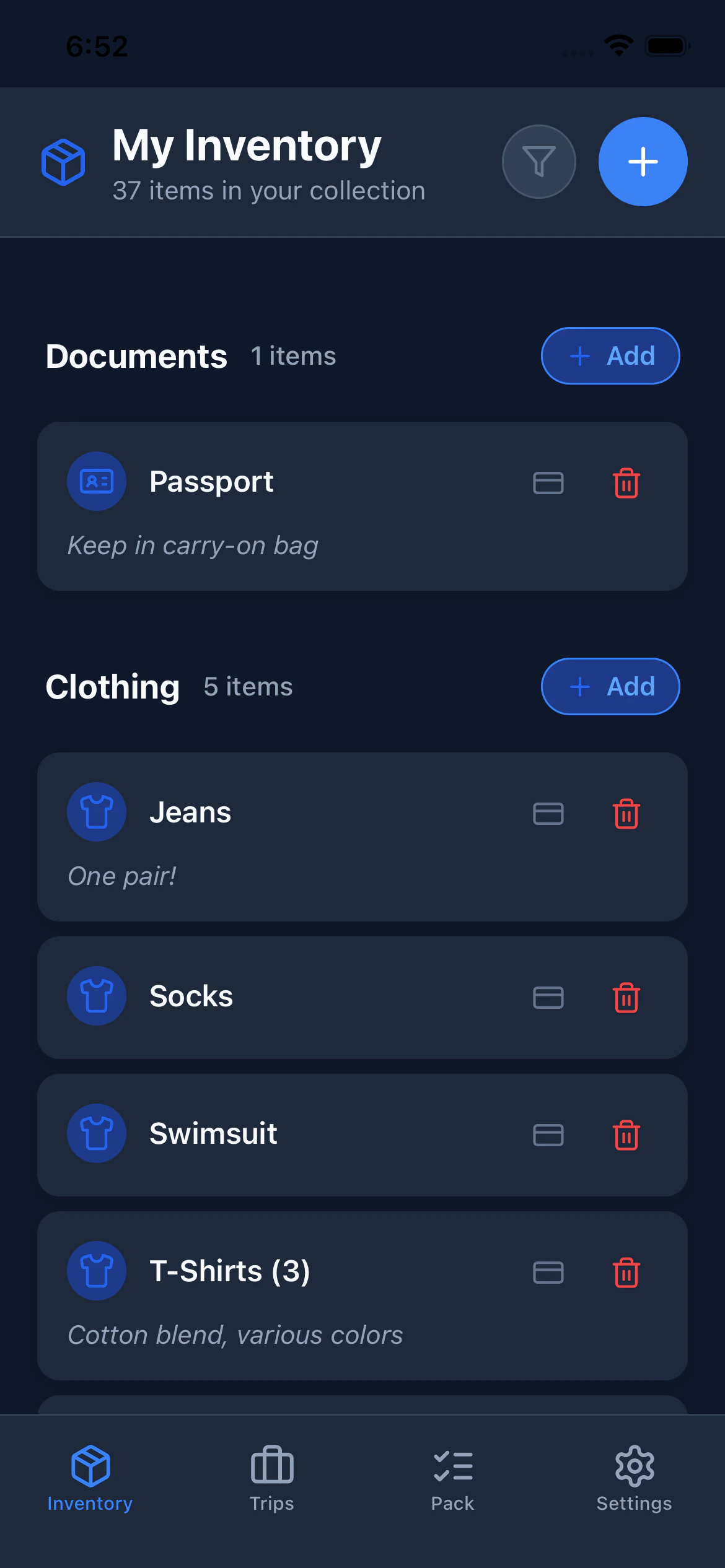 The Inventory tab showing a list of items organized by category such as Clothing and Electronics, with the four-tab navigation bar visible at the bottom of the screen.
