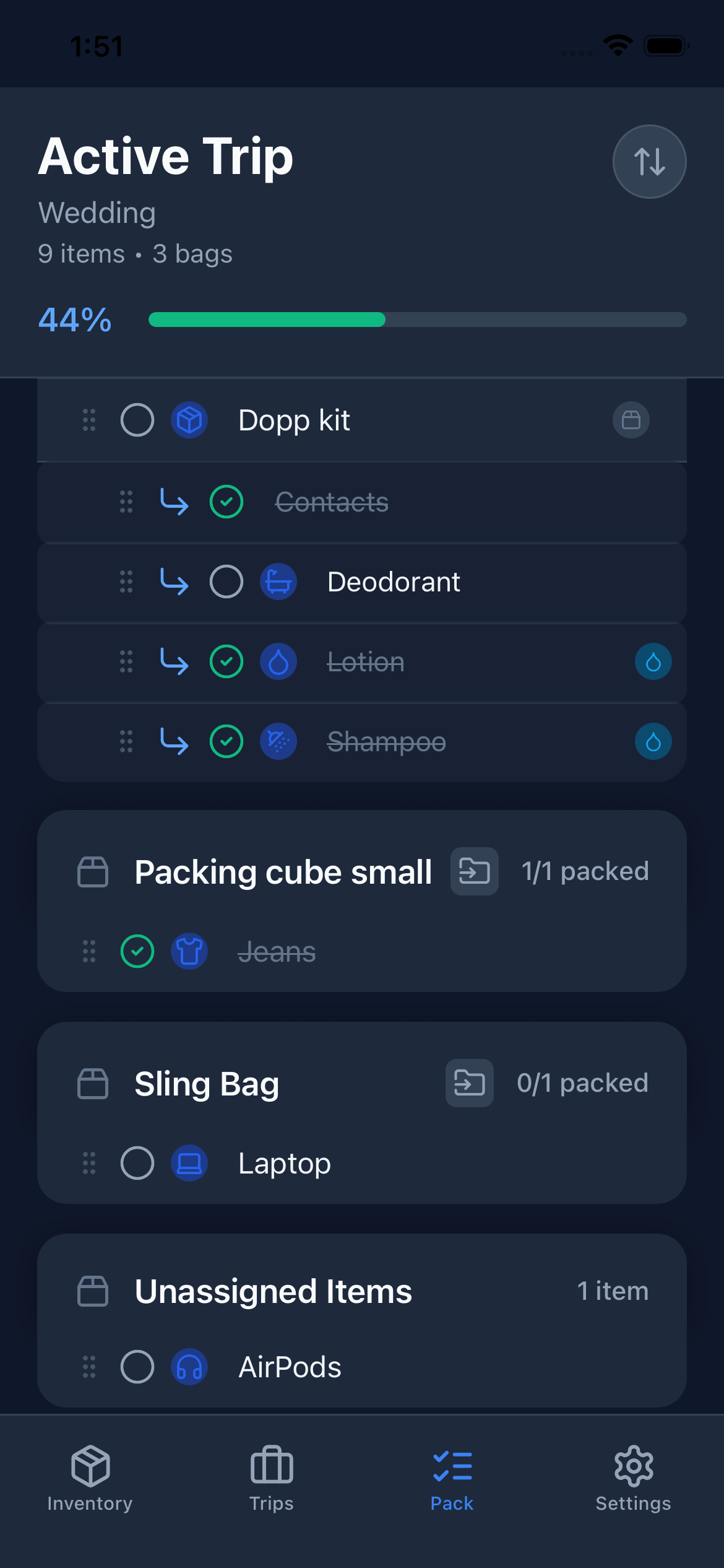 The Pack view showing a Main Suitcase container with a nested Packing Cube inside it, a separate Sling Bag container, and an Unassigned Items section at the bottom for items not assigned to any container.