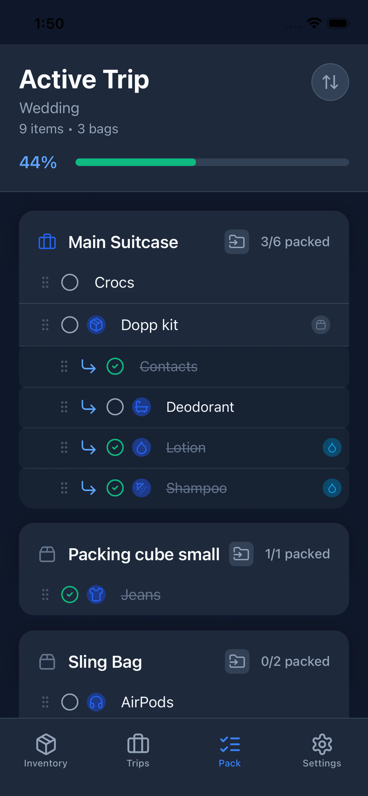 The Pack view showing a progress bar at 44%, followed by a list of containers with a mix of checked and unchecked items. Liquid items show a small badge indicator.
