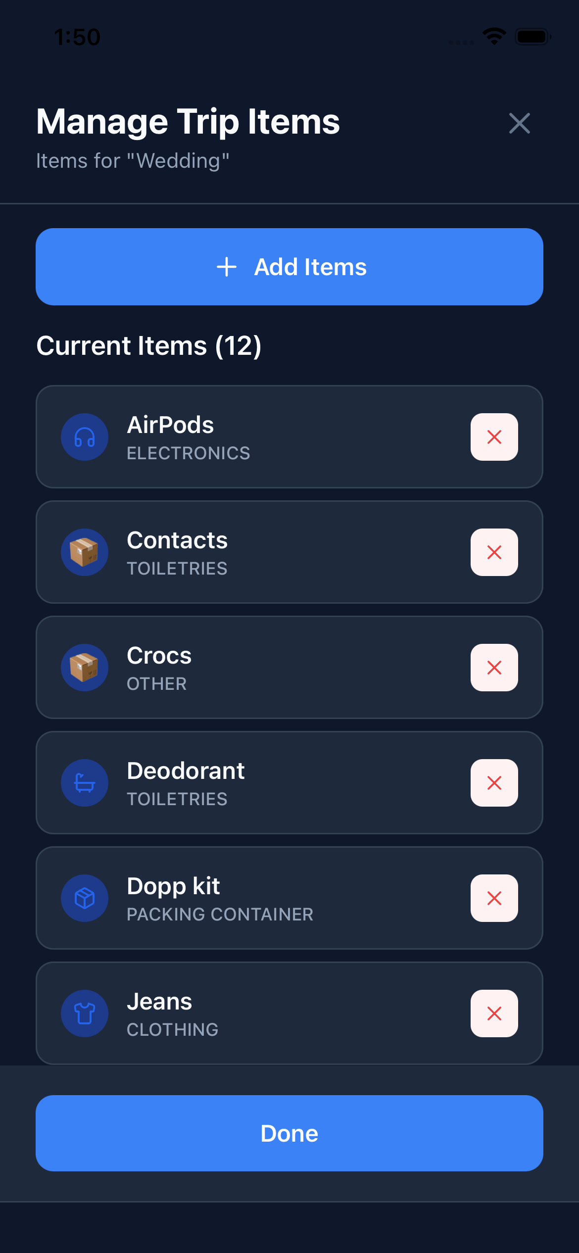 The Manage Trip Items screen showing a list of items currently in the trip, with an Add Items button to pull from your inventory.