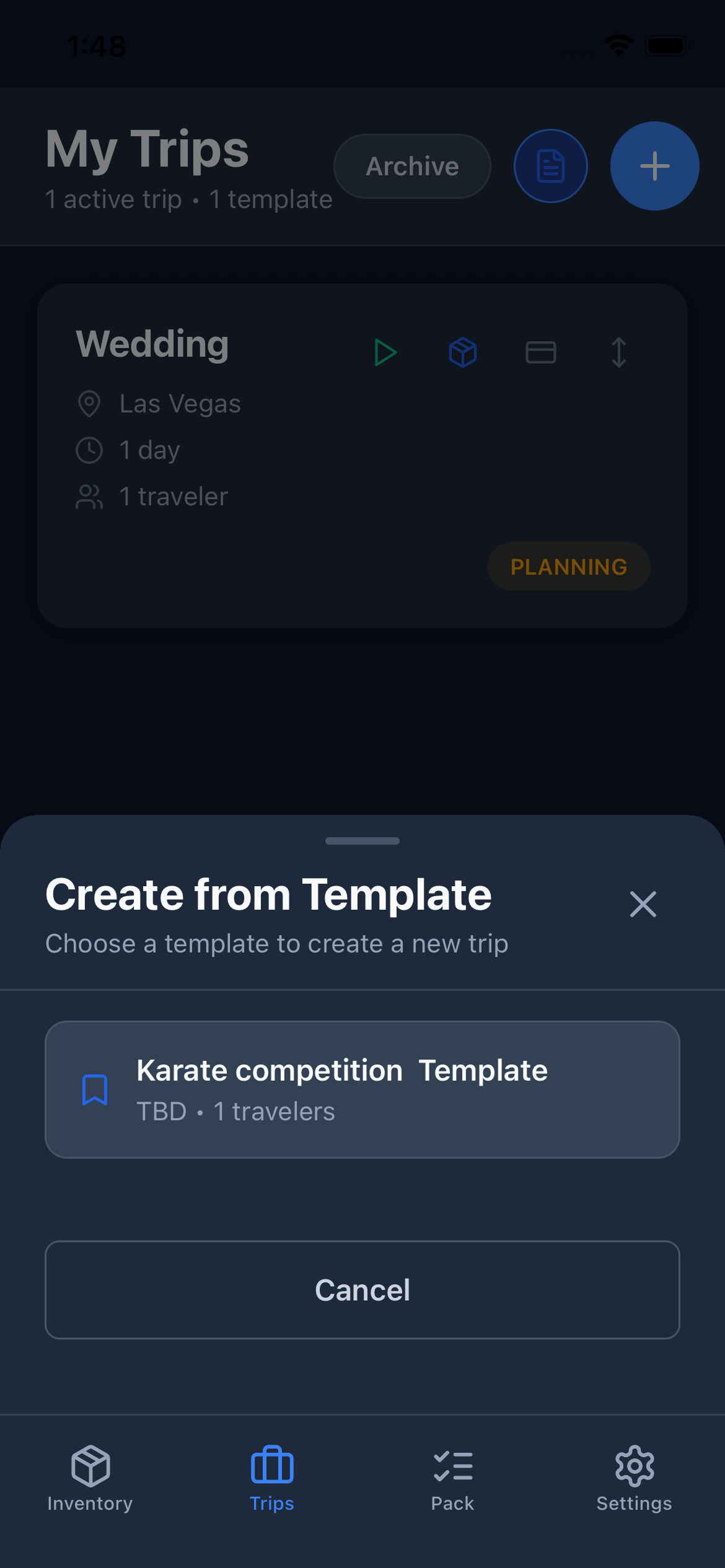 The Create from Template sheet showing a list of saved templates to choose from, each displaying a template name and item count.