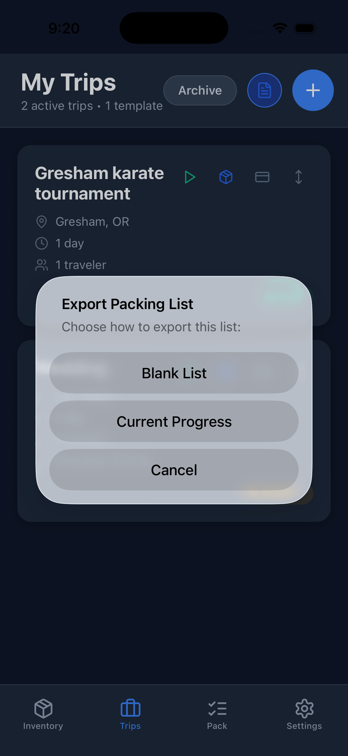 The Export Packing List alert showing Blank List and Current Progress options.