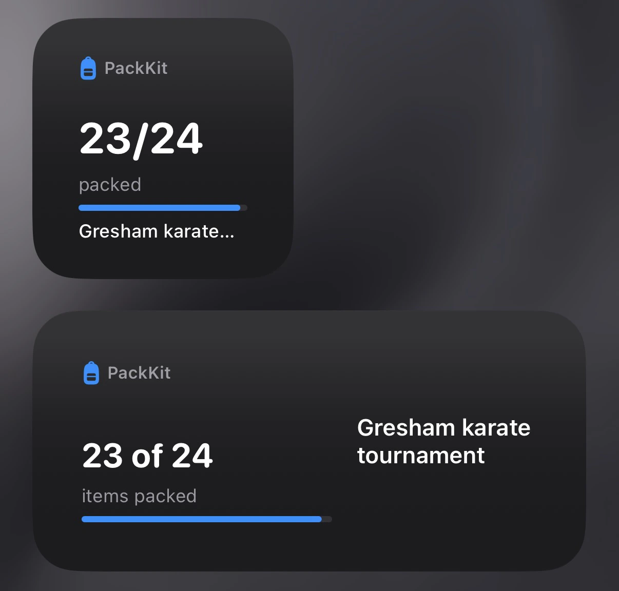 Small and medium PackKit widgets on an iPhone home screen, each showing a trip name, packed item count, progress bar, and departure date.