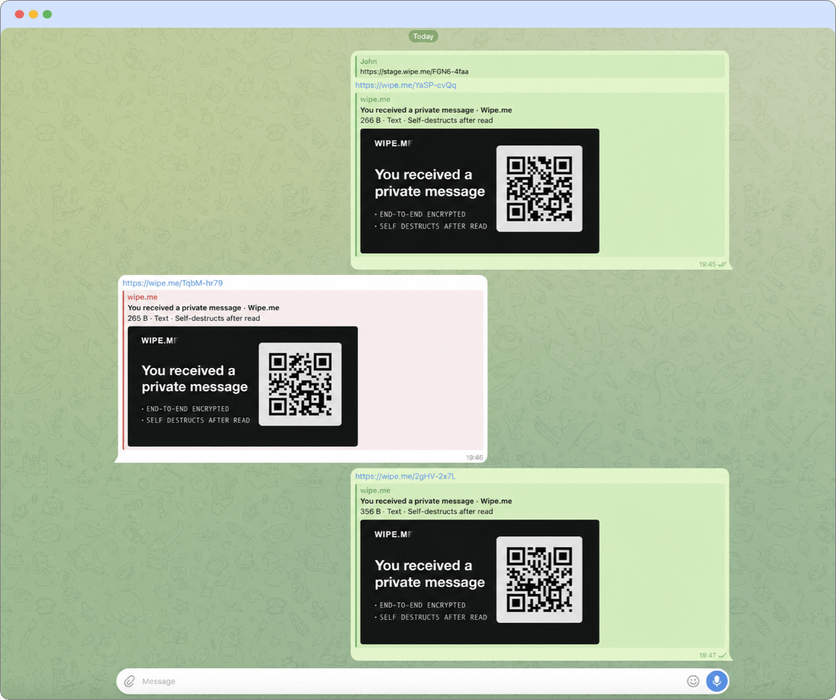 A messenger showing generic Wipe.me links instead of the protected conversation