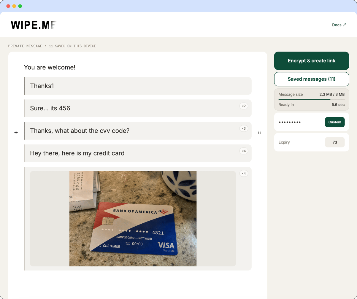 The private conversation opened locally through Wipe.me