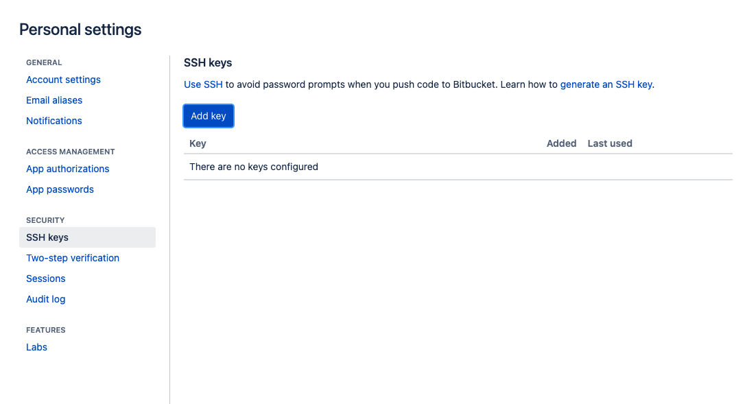 Bitbucket Personal SSH Keys Page