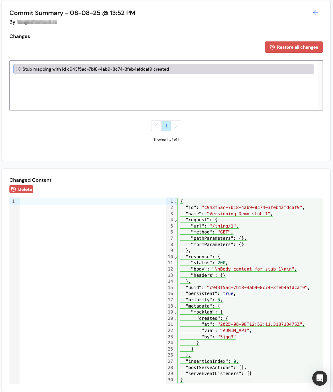 Versioning stub created change diff