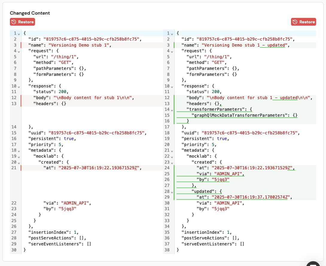 Versioning stub modified change - previous version