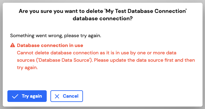Delete a database connection confirmation error Delete a database connection confirmation error