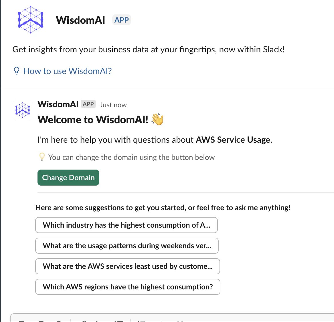 Snippet showing the WisdomAI Integration on Slack