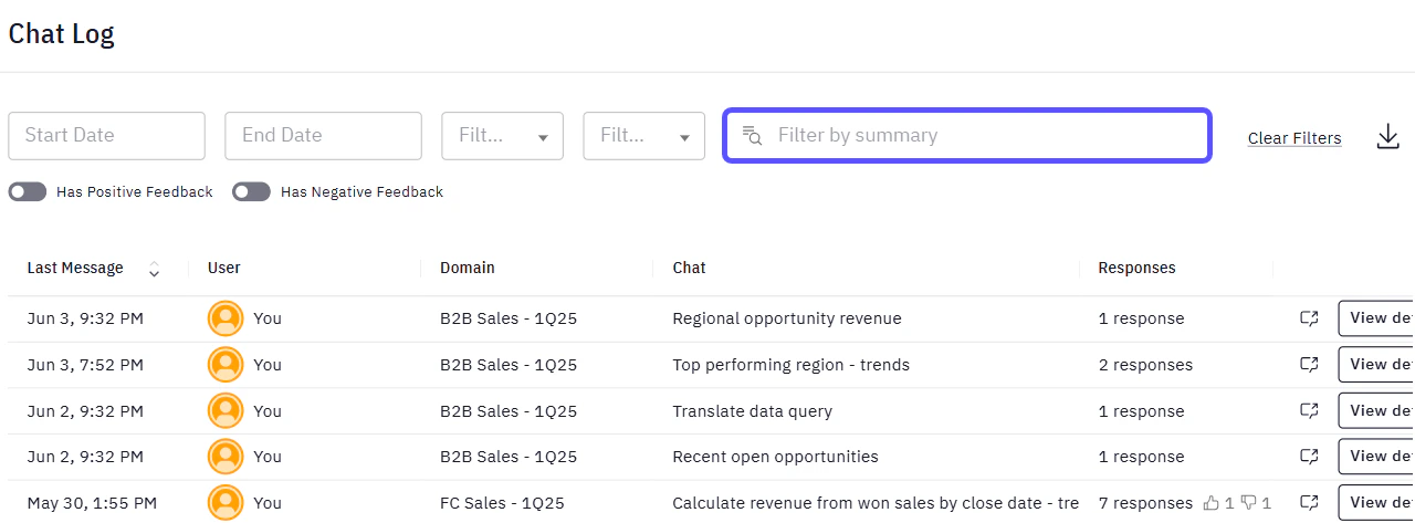 Image displaying the Filter by summary option within the Chat Log