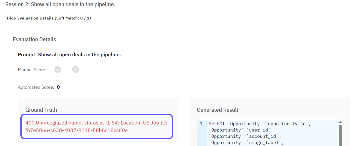 Example showing an Incorrect Sql in Red