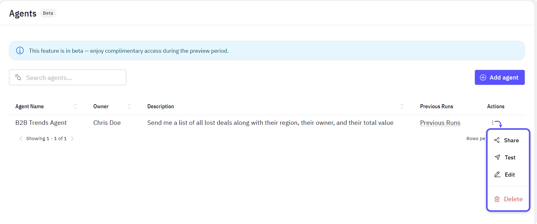 Snippet showing the options to manage an agent