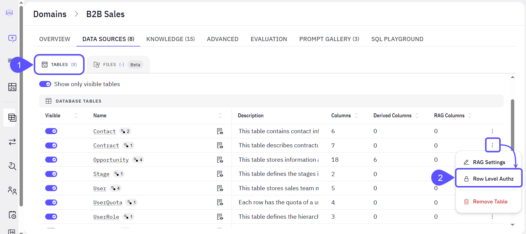 Screenshot showing the Row Level Auth menu option