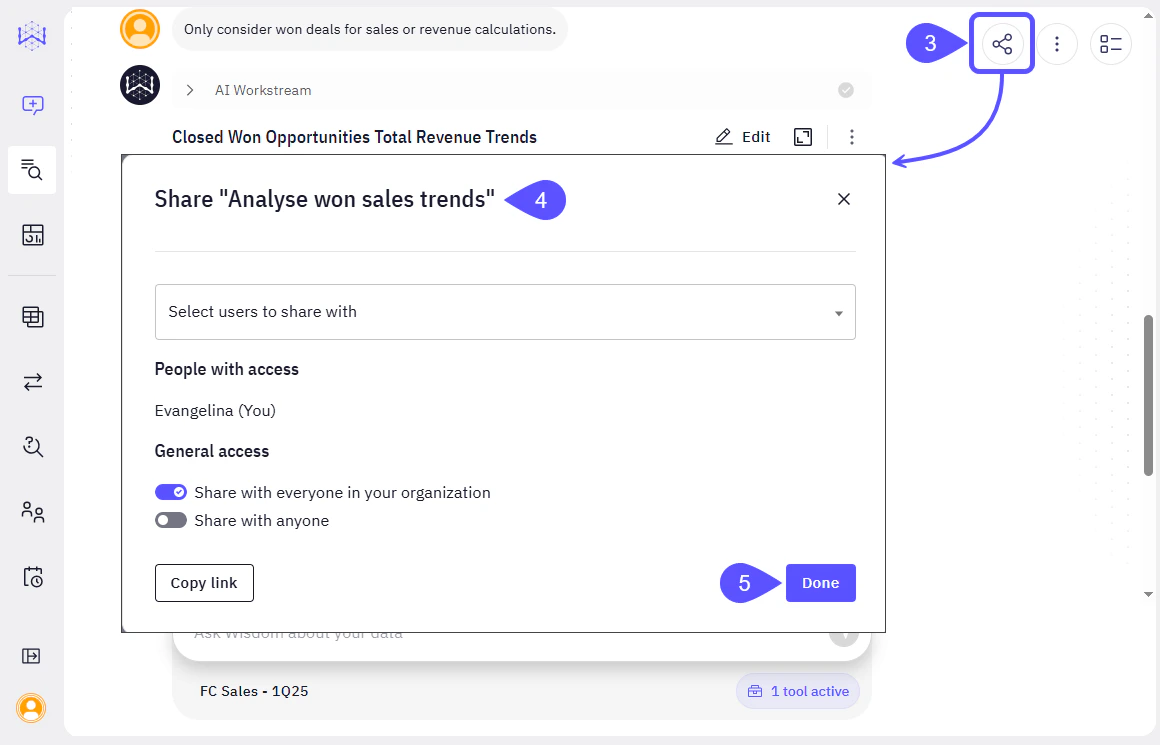 Sharing options dialog with dropdowns for users, organization toggle, and public link generation
