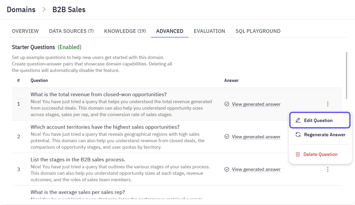 Image showing the Starter Questions configuration screen in the Advanced tab.