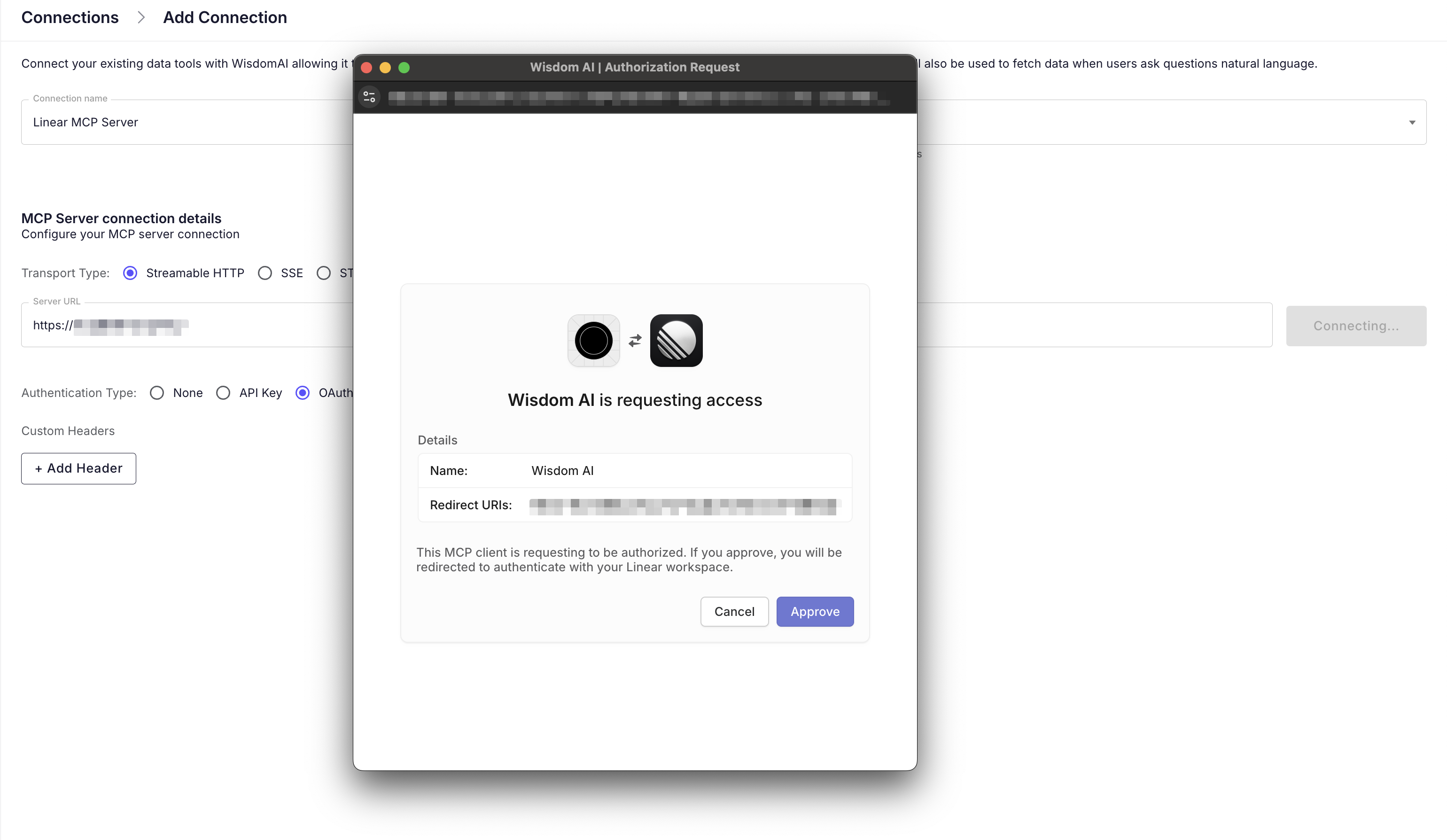 Chat interface prompting the user to authenticate with the MCP tool