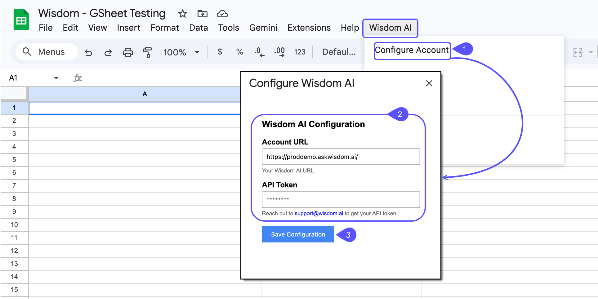 Snippet showing the account configuration option and the credentials modal