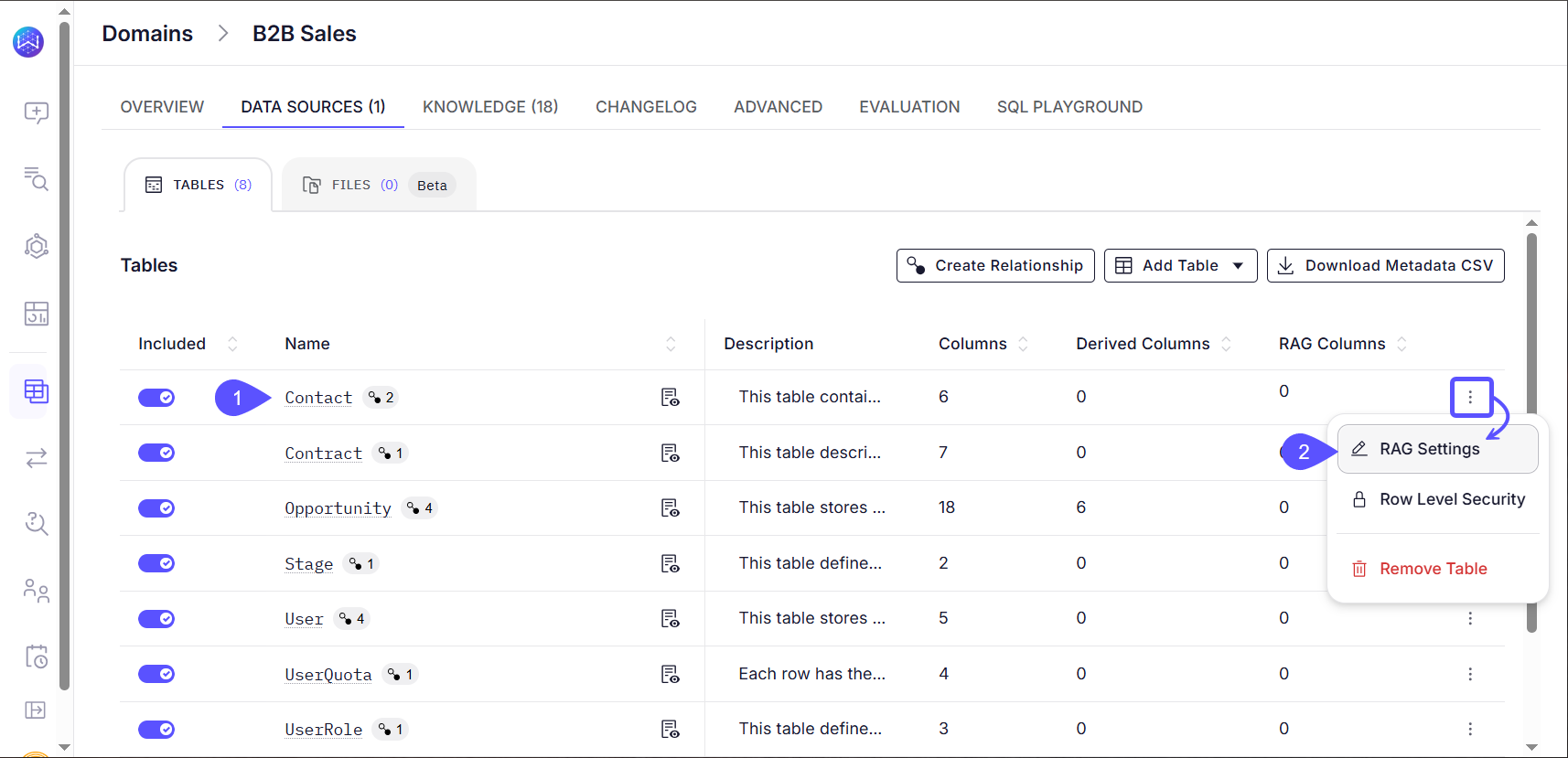 Snippet showing how to open the RAG Settings RAG Configuration Columns 01 Pn