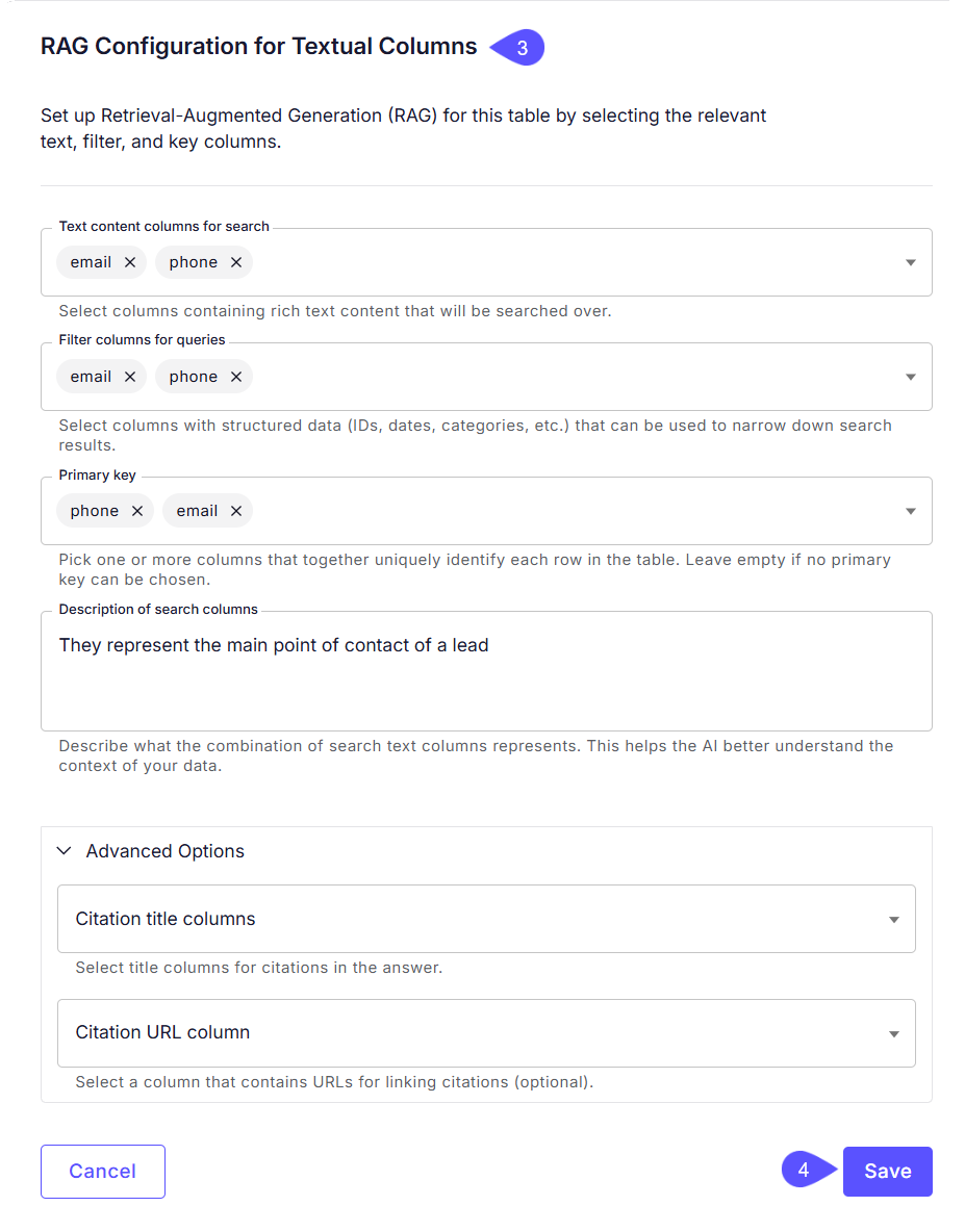 Snippet showing the RAG Configuration Modal