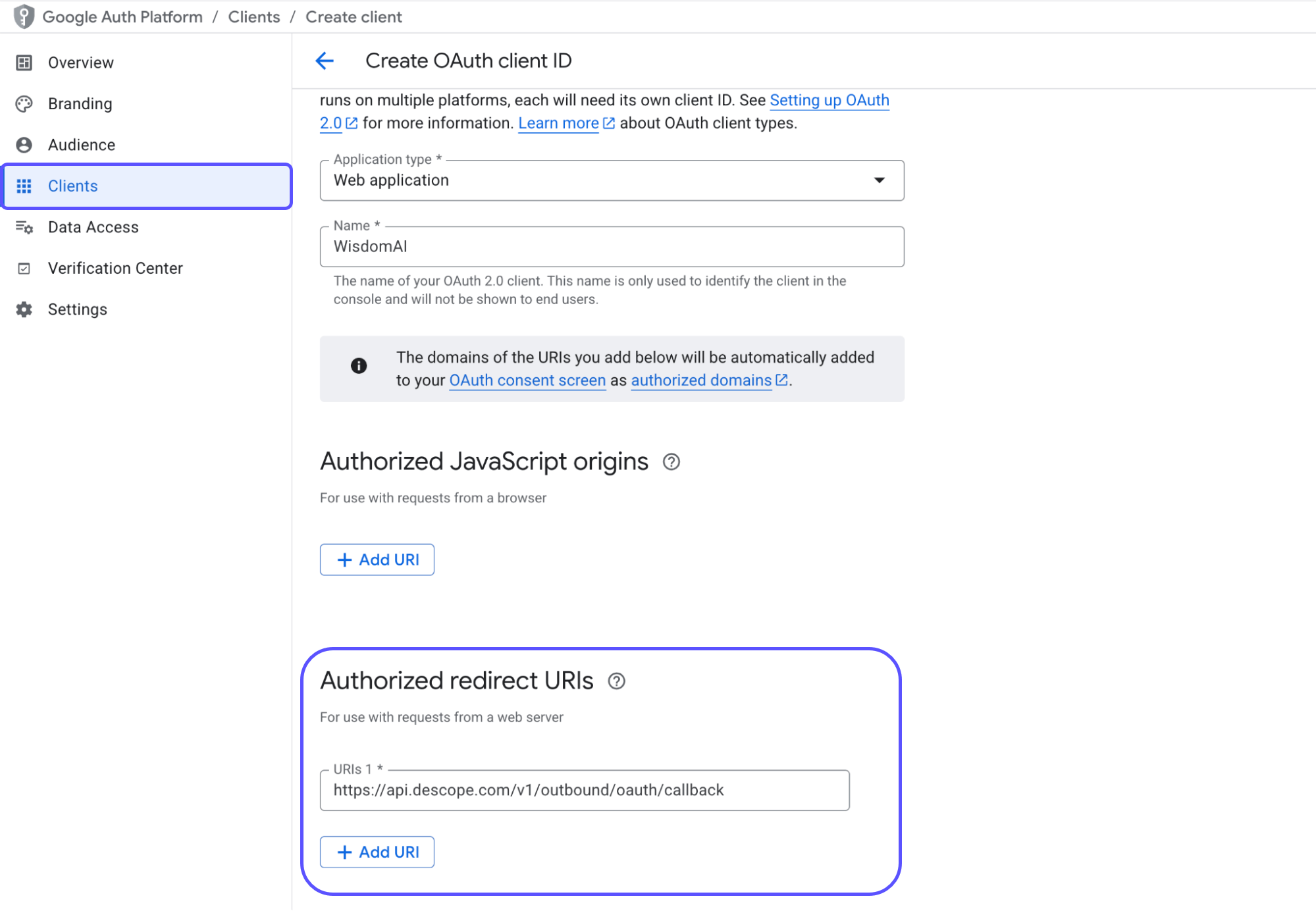 Google Cloud Console OAuth client creation