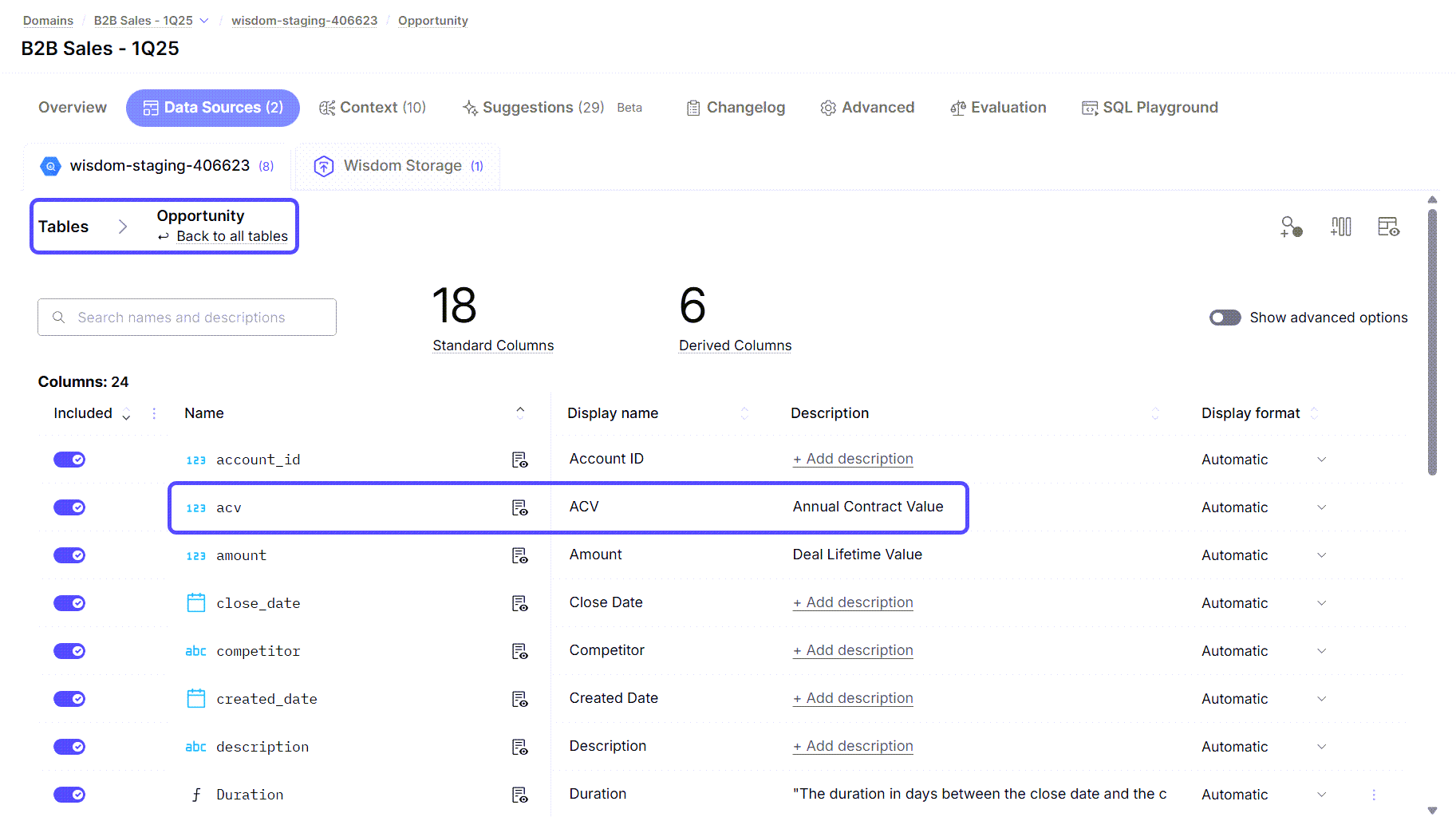 The column is listed with the Display name and the Descrption highlighted