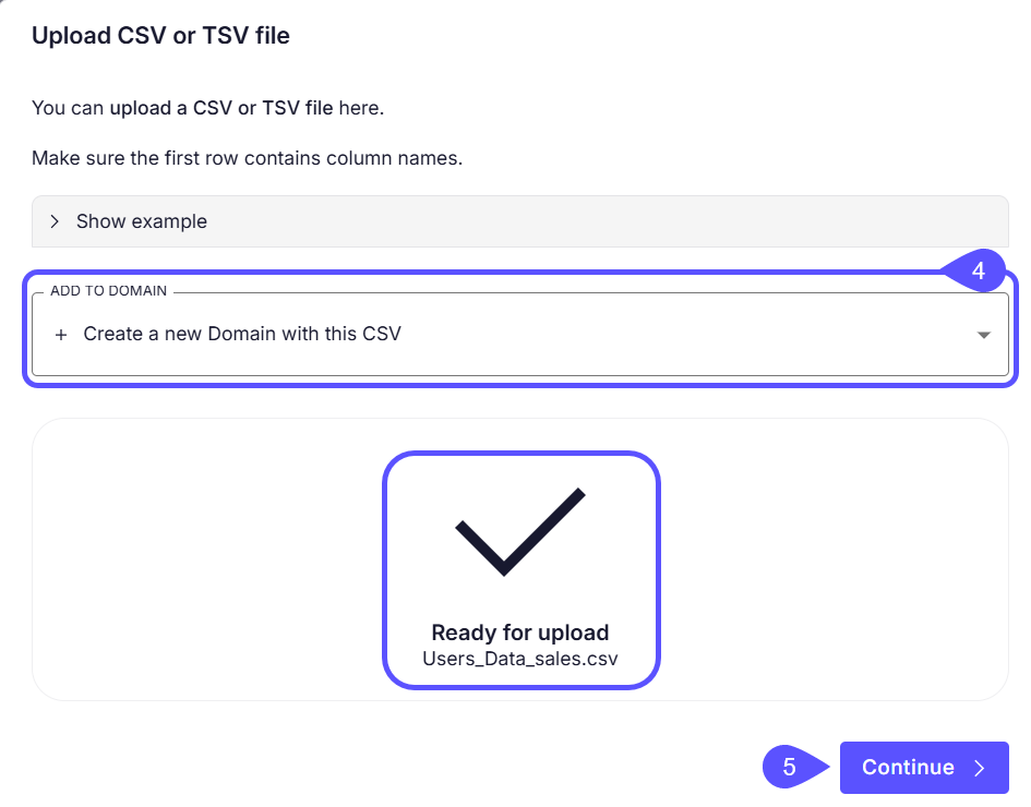 Upload CSV modal window with the Continue button highlighted