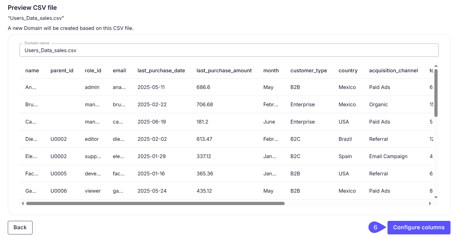 Preview CSV file modal window with the Configure columns button highlighted