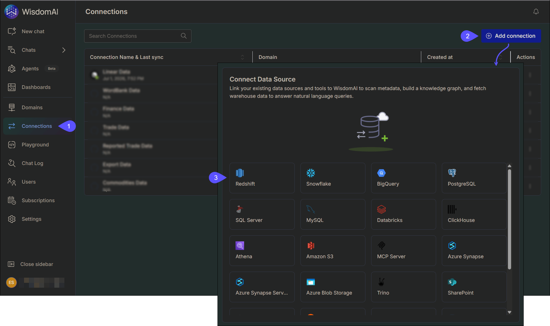 Connections and Add Connection screens with the nav item, Add connection button, and data source picker highlighted