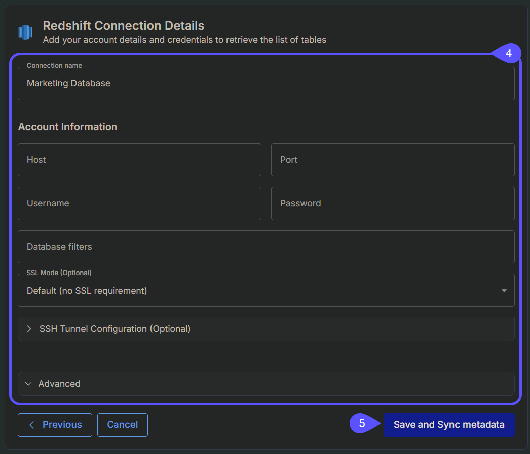 Redshift Connection Details form with the credentials panel and Save and Sync metadata button highlighted