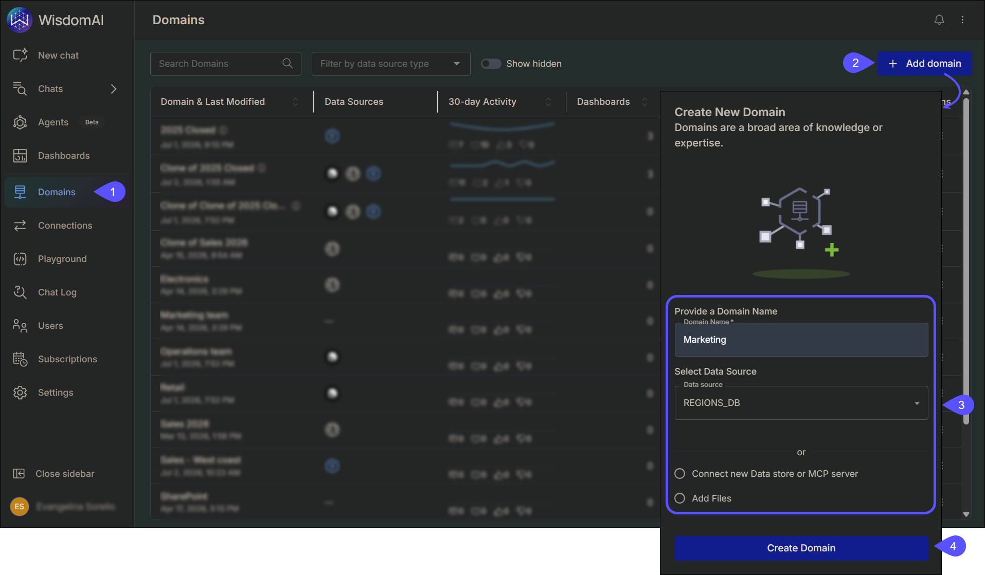 Domains list with the Add domain button highlighted, and the Create New Domain modal with domain name, data source selection, and Create Domain button highlighted