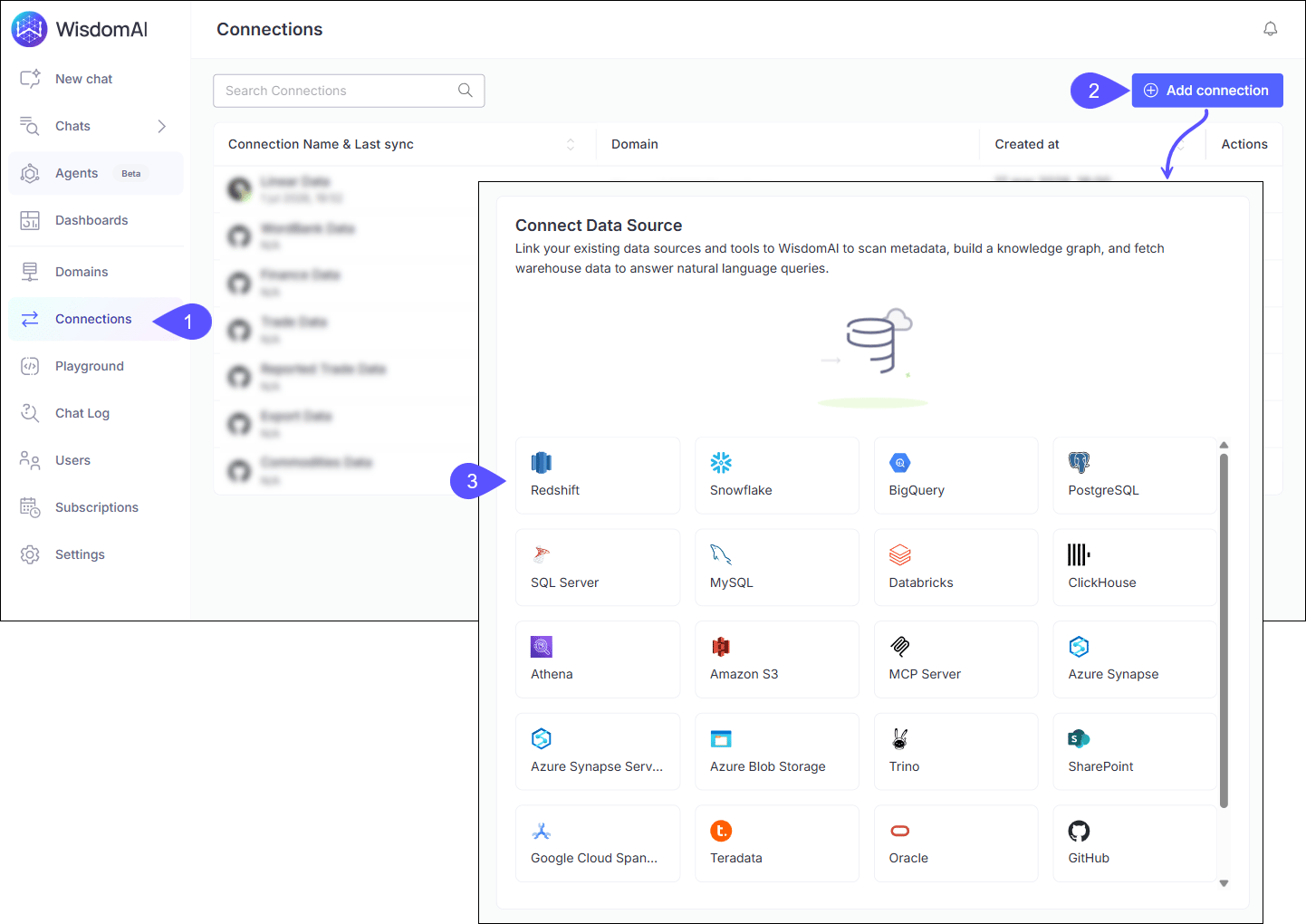 Connections and Add Connection screens with the nav item, Add connection button, and data source picker highlighted