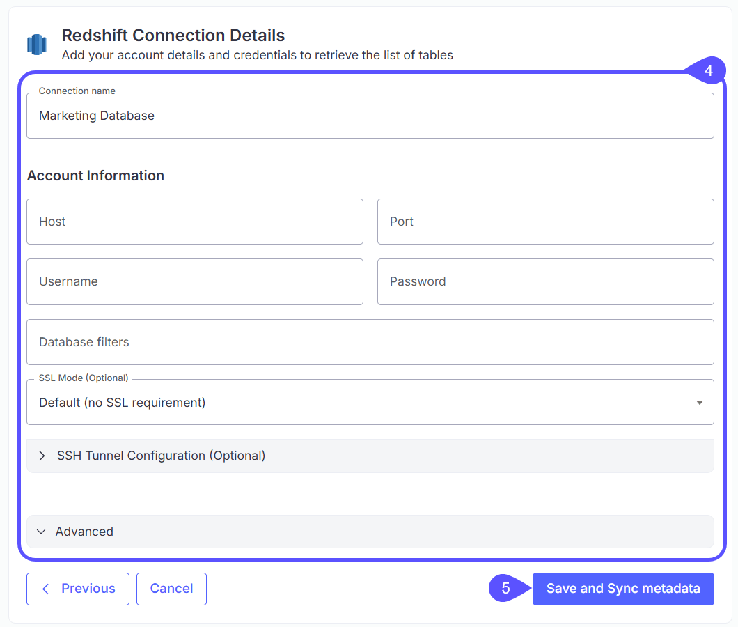 Redshift Connection Details form with the credentials panel and Save and Sync metadata button highlighted