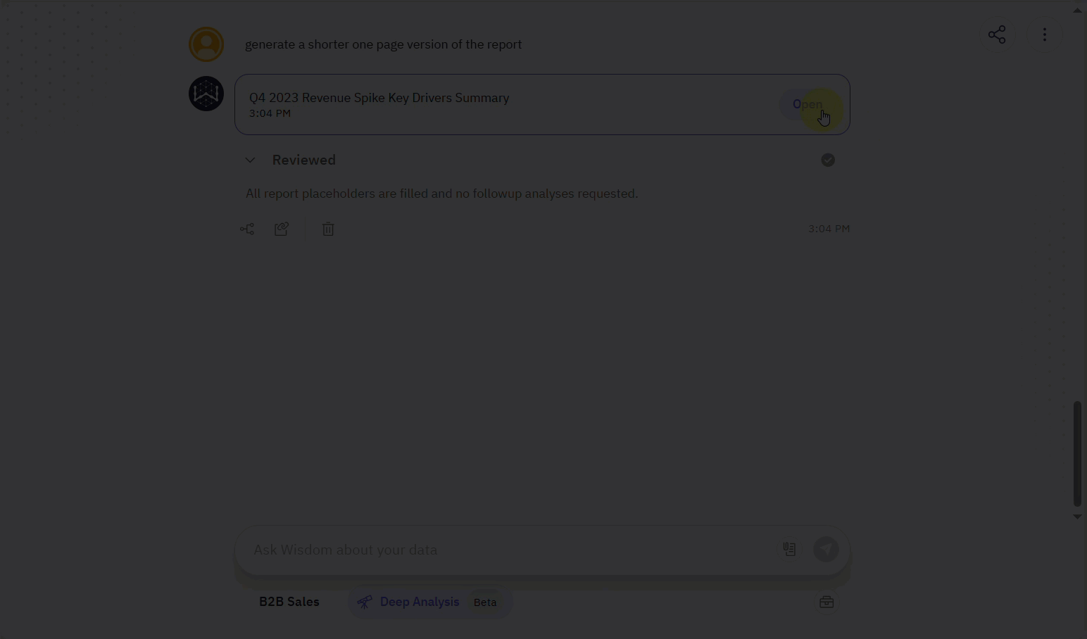 GIF showing a request to generate a one-page report