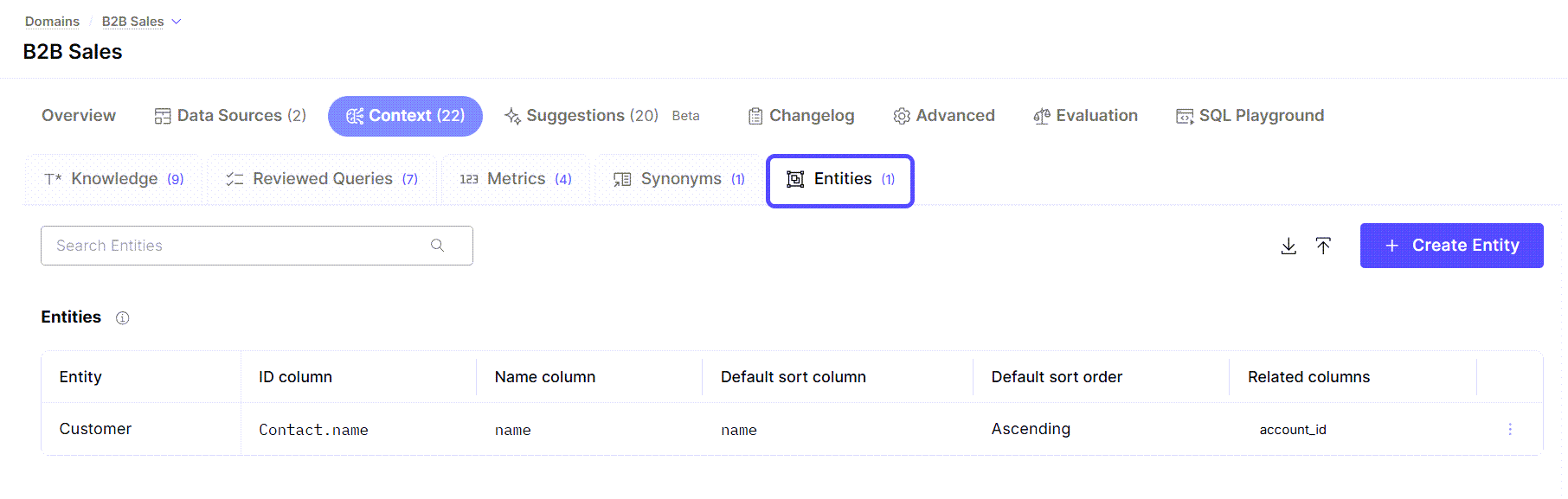 Snippet showing the Entities Tab