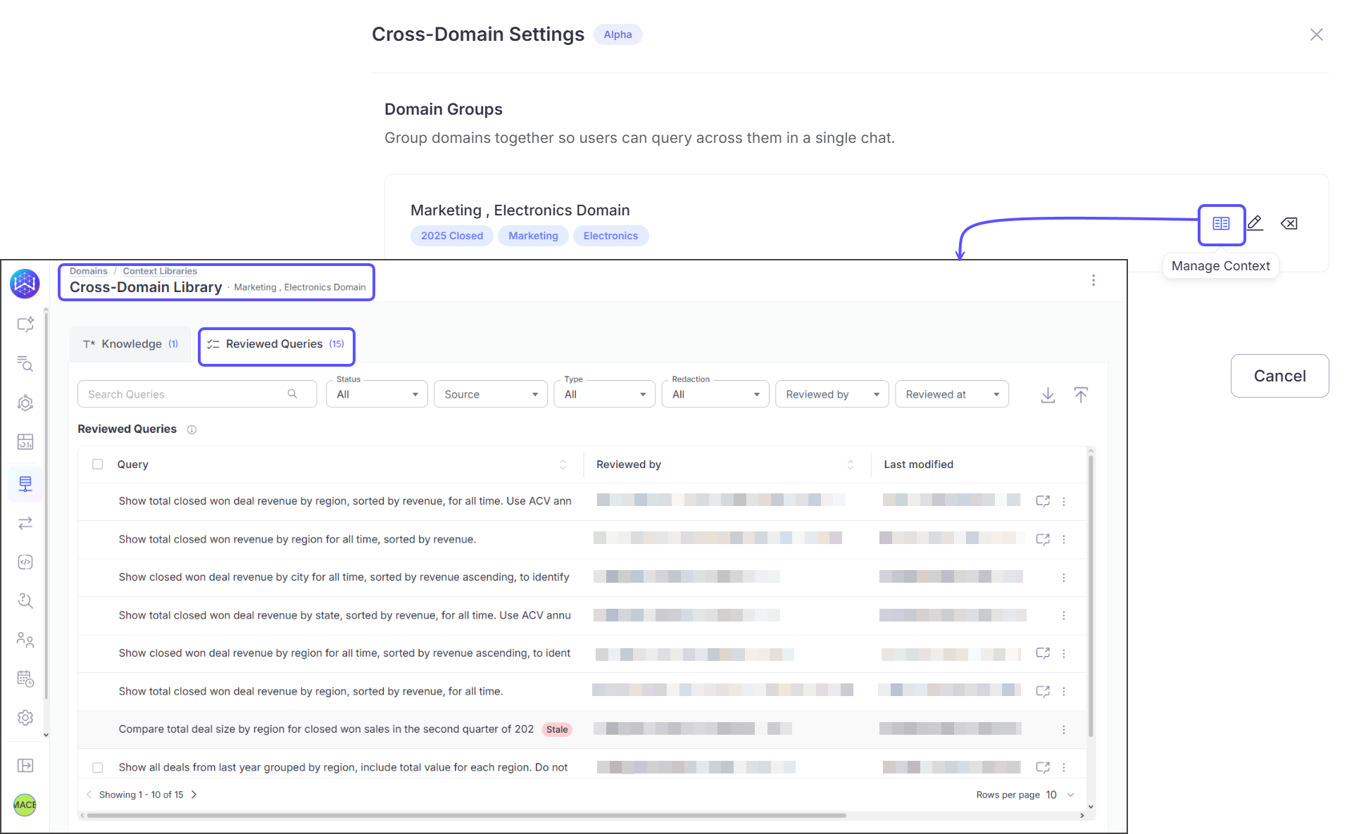 SCREENSHOT/GIF: The cross-domain reviewed query library showing a newly approved query