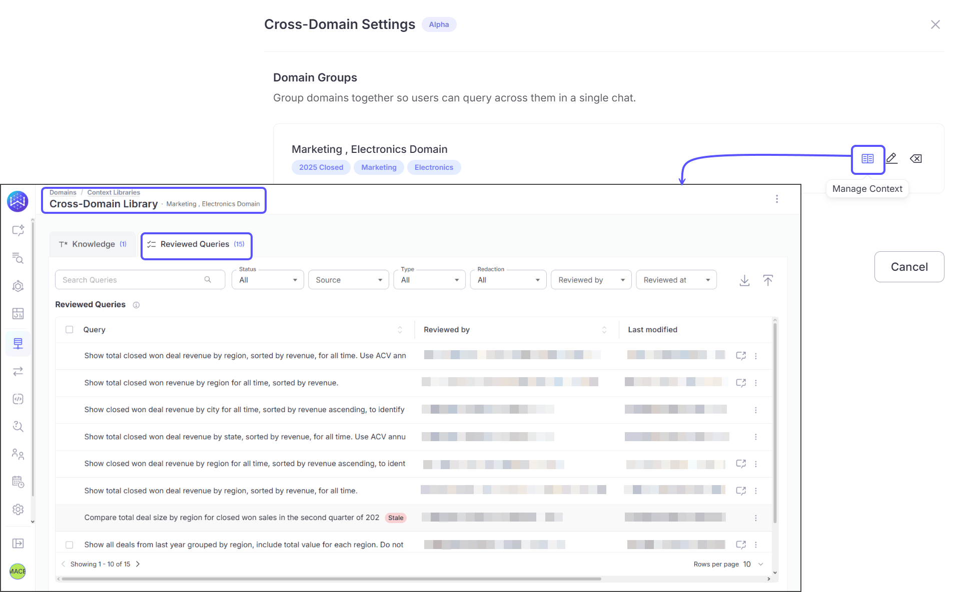 SCREENSHOT/GIF: The cross-domain reviewed query library showing a newly approved query