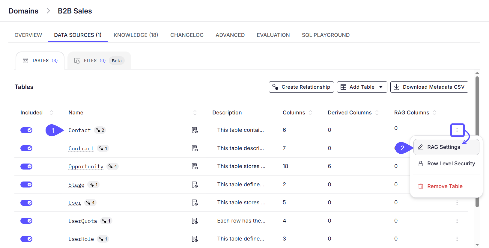 Snippet showing how to open the RAG Settings RAG Configuration Columns 01 Pn