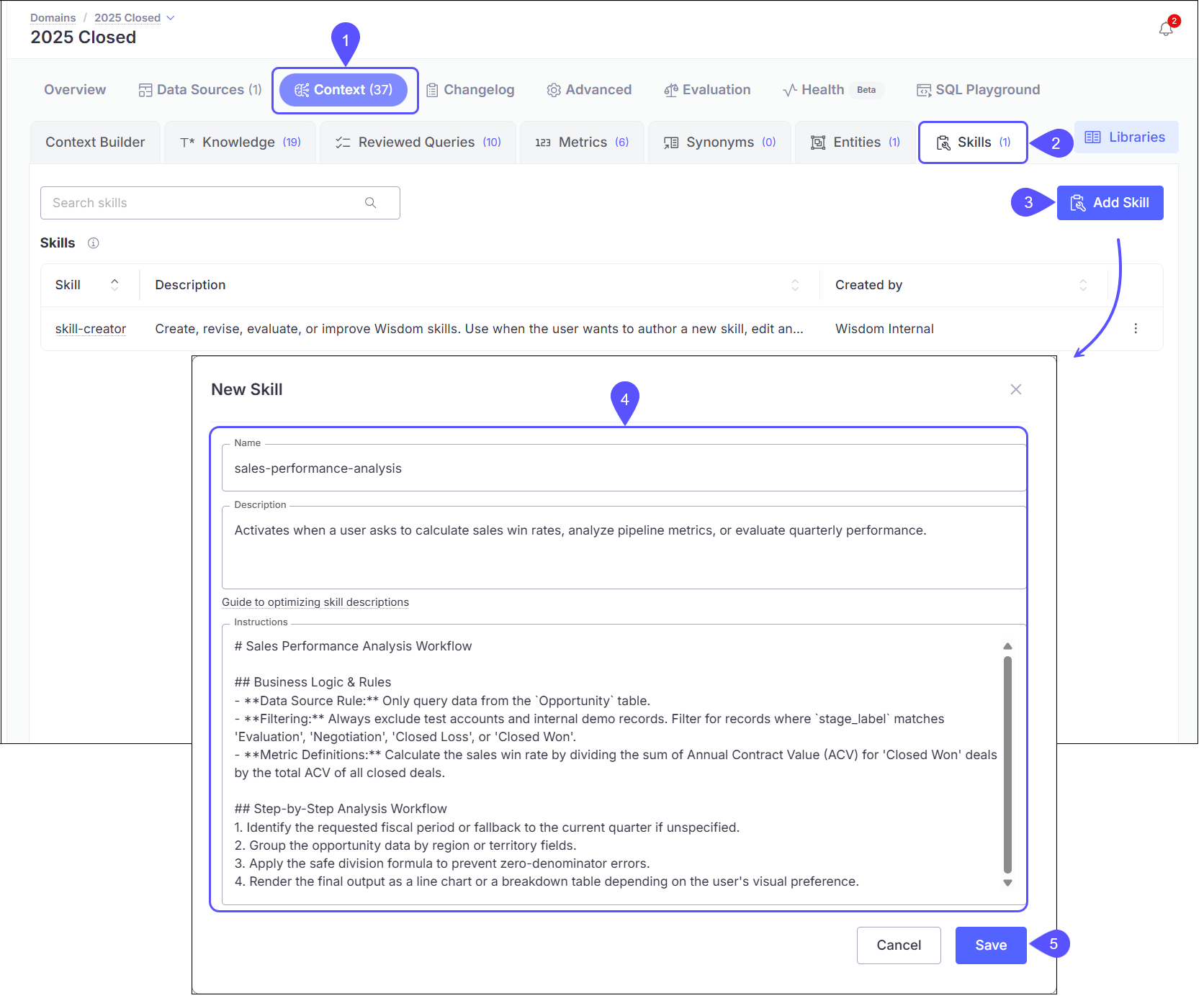 Modal showing the skills creation steps