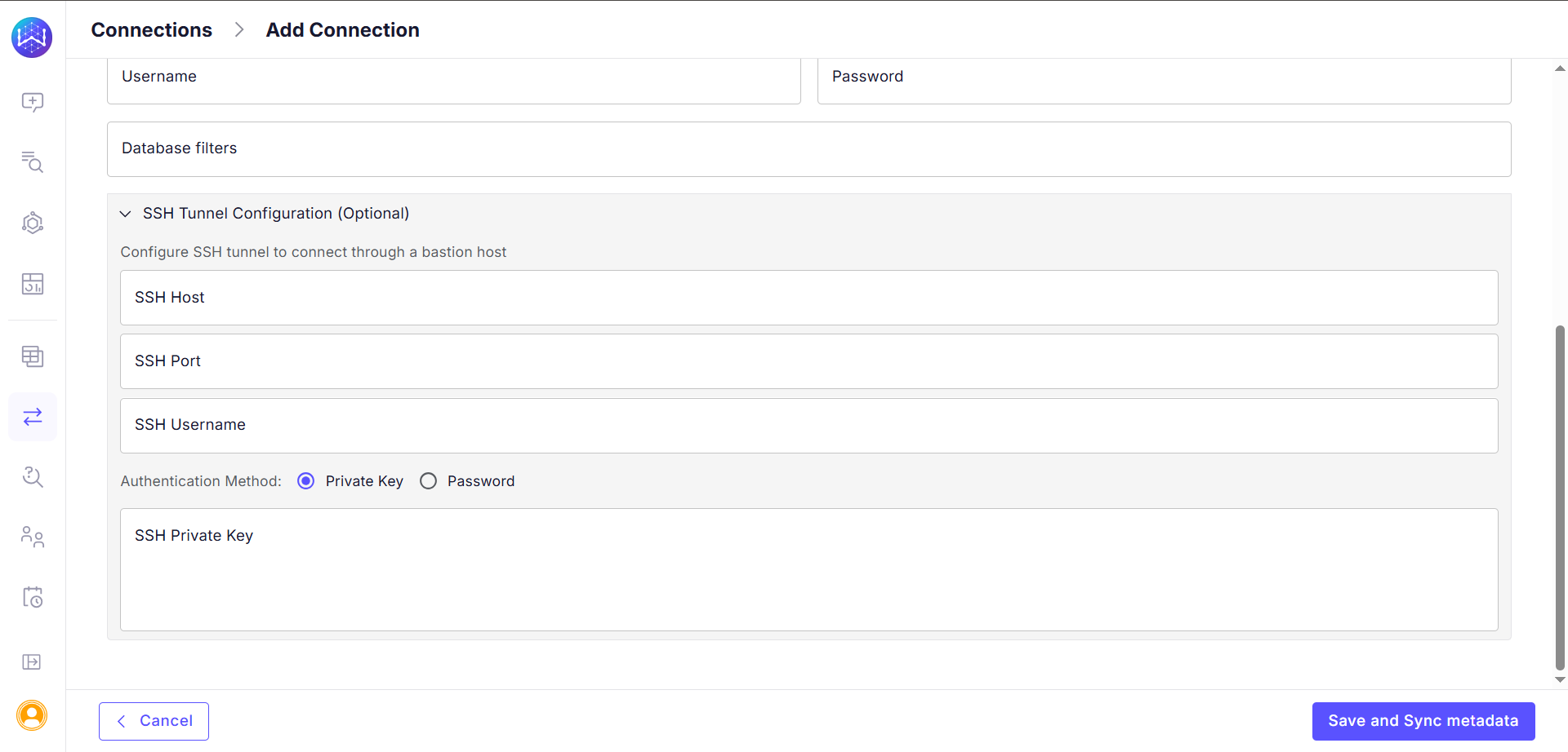 Snippet displaying the Add Connection page with the SSH Tunnel Configuration section displayed