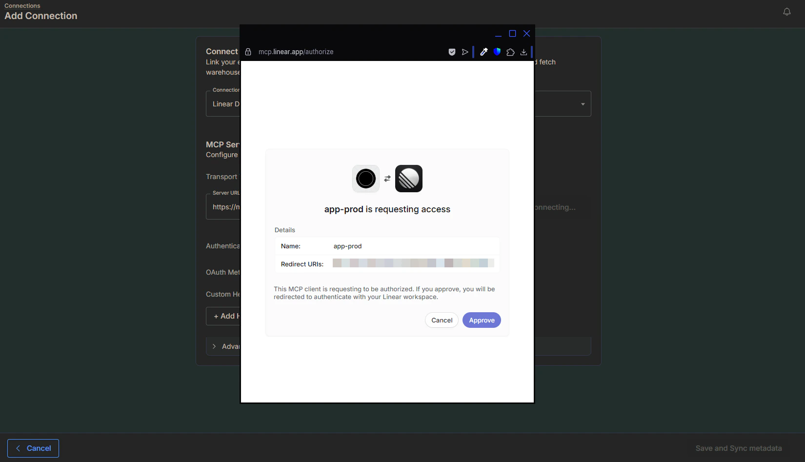 Chat interface prompting the user to authenticate with the MCP tool