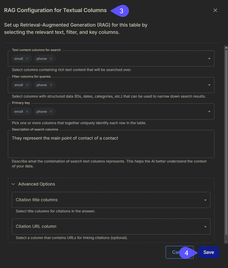 Snippet showing the RAG Configuration Modal RAG Configuration Columns 01 Pn