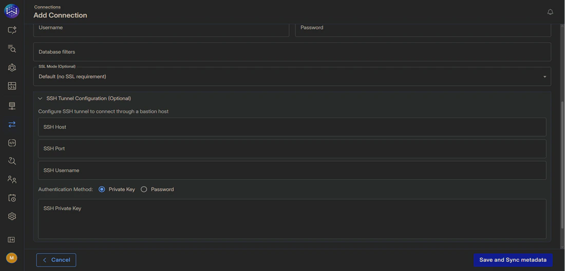 Snippet displaying the Add Connection page with the SSH Tunnel Configuration section displayed