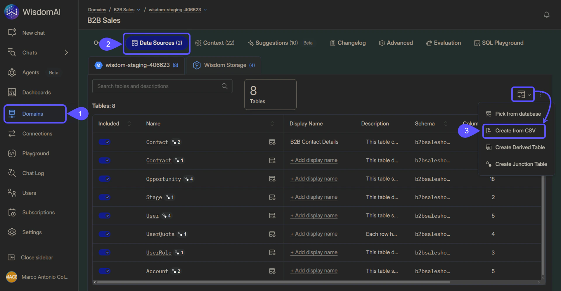 Domain screen showing the Upload a CSV file option
