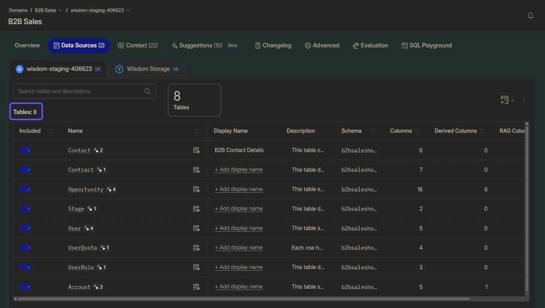 Image showing the Document Tables interface