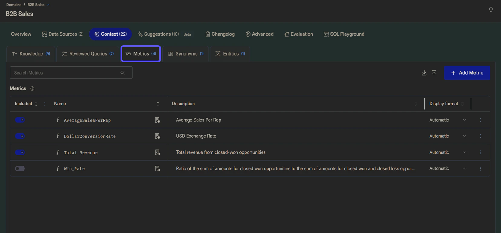 Image showing the Metrics Tab